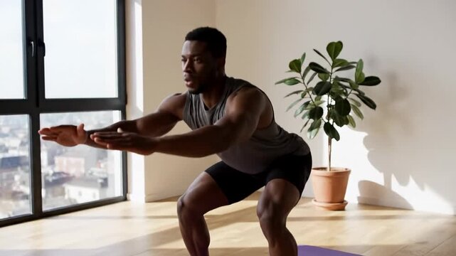 Fit Black man performs squats indoors, sunlight streaming through large windows, home workout setup with potted plant, New Year's fitness resolution