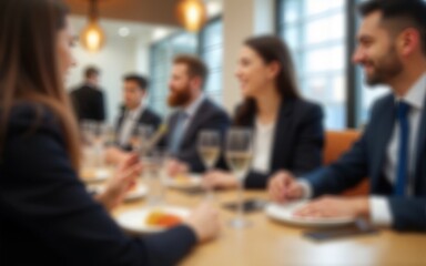 Business Lunch Blur: A blurred restaurant setting with professionals having a business lunch, perfect for networking and casual business themes. High quality