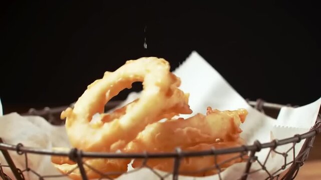 Fried food dropping into basket closeup.