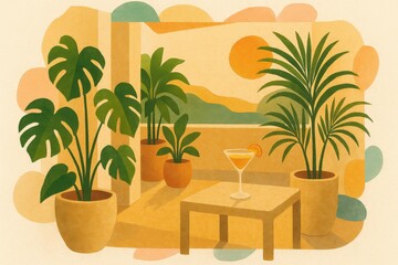 Serene indoor oasis featuring tropical plants and a refreshing cocktail under a vibrant sunset, capturing the essence of relaxation and tranquility in a minimalist space