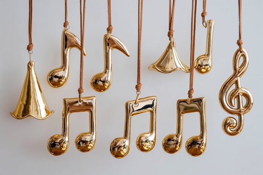Gold music note ornaments hanging on strings - Powered by Adobe