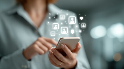 Business woman uses smartphone, showing social media engagement and connection through network platform application
