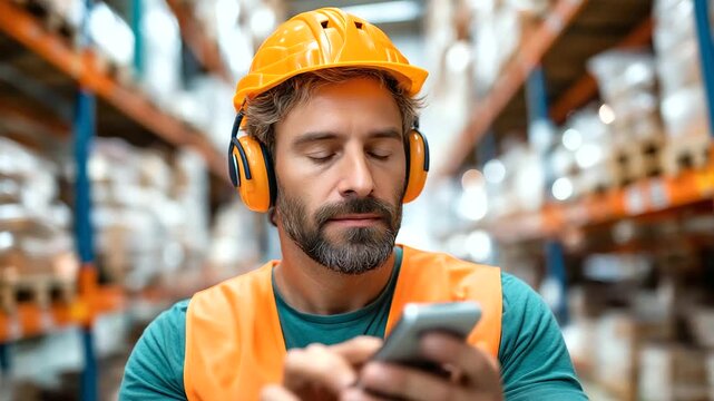 Warehouse worker man in protective headphones scanning barcode with handheld, pallets background, logistics theme, with copy space