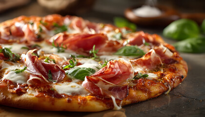 Close-up of a delicious, gourmet pizza topped with prosciutto, mozzarella, and fresh basil.