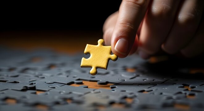 Hand holding a single yellow puzzle piece over a scattered puzzle board.