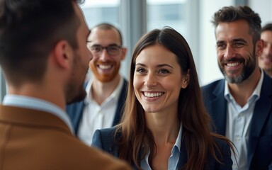Close up picture of a happy and laughing staff or participant people group listening to a startup business owner at a trade show exhibition event. High quality