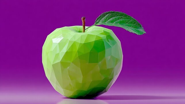 Geometric green apple with a leaf, rendered in a low-poly style, set against a vibrant purple background, showcasing modern digital art and abstract fruit representation