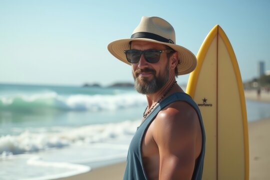 Surf shop owner in beach attire poses for close-up on boardwalk with ocean waves as backdrop