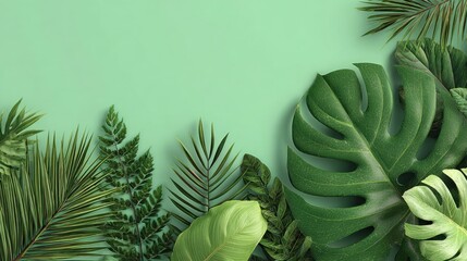 Creative tropical leaves with water droplets, green foliage layout on dark background, nature spring concept, fresh and vibrant pattern