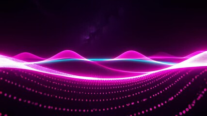 Abstract neon radio waves and cyan digital ripples flowing on a dark futuristic grid in a seamless 3D animation, illustrating sound frequency concepts. - Powered by Adobe