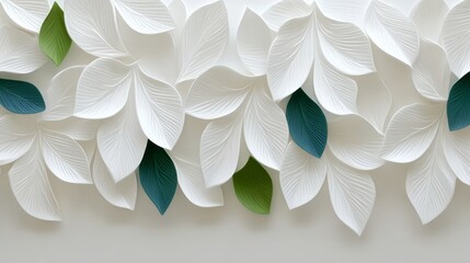 Fototapeta premium Decorative wall art featuring layered white leaves with green accents, creating a textured and modern aesthetic, ideal for interior design and nature-inspired decor