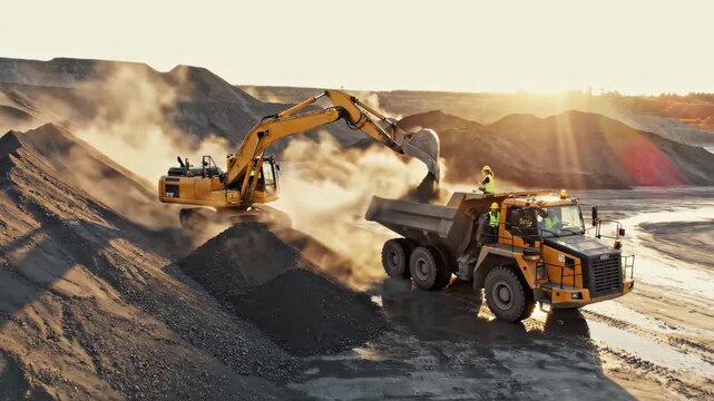 Dynamic excavator loading dump truck with workers at dusty mining site during golden hour, showing power and efficiency in industry