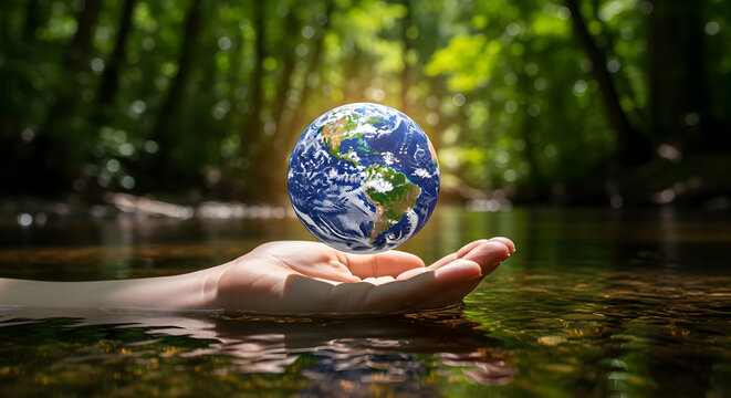 Hand holding the Earth in a lush green forest stream symbolizing environmental protection and conservation.