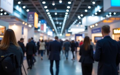 Busy trade fair with a sea of booths and blurry business people. High quality