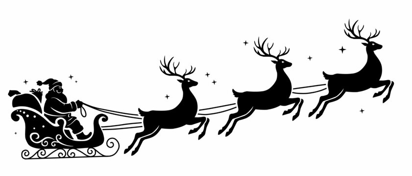 Black silhouette of Santa Claus riding his sleigh pulled by three flying reindeer, a classic design element for Christmas night and holiday projects