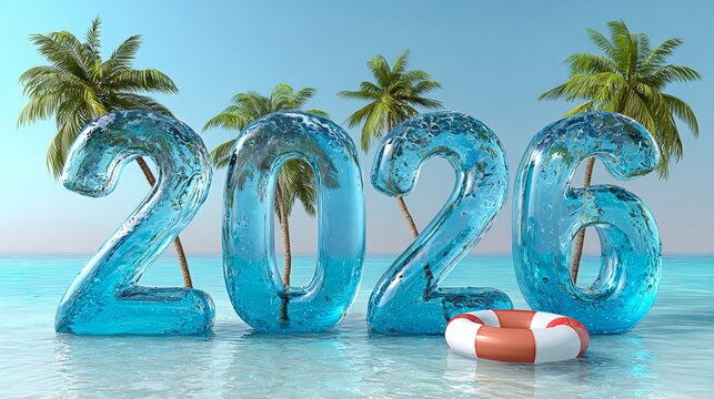 Large transparent numbers 2026 made of water, surrounded by tropical palm trees, floating in calm ocean water, creating a vibrant and festive atmosphere for New Year celebrations - Powered by Adobe