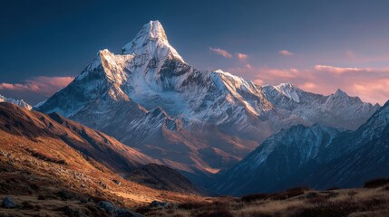Obraz premium Panoramic view to Ama Dablam summit and snow peaks glowing after sunset in Nepal, captures the natural beauty and serenity of the Himalayas