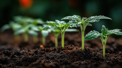Small green seedling growing from fertile brown soil signifies new beginnings, potential growth, and business development; realistic, high quality
