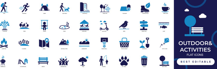 outdoor activities icon set featuring camping, sports, map, hiking, fishing, hugging, travel, adventure, navigation, and nature icons for web, apps, and infographics. © Iconova Studio