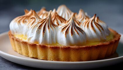 Panning shot of a lemon tart topped with meringue, highlighting its freshness, color, and creamy texture.