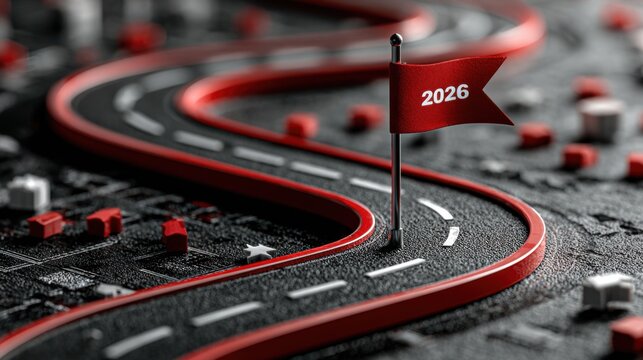 Business road to 2026 success, planning and development concept. A red flag marks the end of the road, with milestones symbolizing digital growth and achieving goals