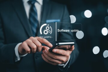 Man in suit updating software on smartphone with updating progress shown on transparent interface