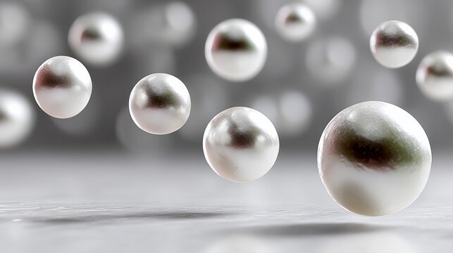 Floating pearls in a soft-focus background, showcasing their lustrous surfaces and delicate reflections, creating an elegant and luxurious atmosphere for design and decoration purposes