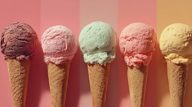 Colorful ice cream cones lined up against a pastel background present a refreshing and delicious treat for a warm summer day - Powered by Adobe