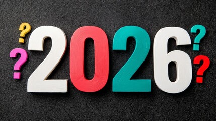 Colorful numbers representing the year 2026, surrounded by question marks, on a textured black background, symbolizing curiosity and anticipation for the future