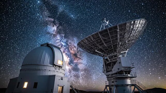 Parabolic dish beside observatory under milkyway, dish alignment against vivid starfield, dome windows glowing, implied calibration activity, meteor streak, crisp night air, hightech survey atmosphere