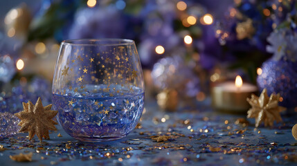 Sparkling Elixir: A luminous cocktail, filled with shimmering liquid, glistens in a dimly lit setting. A perfect ambiance for a memorable occasion.