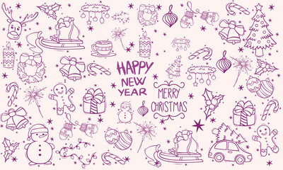 Hand drawn chalk vintage new year set. Whimsical Christmas dinner table decor candles, charcuterie, wine or champagne. Retro vintage ink holiday menu elements. La dolce vita vector illustration