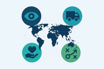 Exploring interconnected strategies for global logistics efficiency visualized through symbols of awareness trust and planning on a world map backdrop