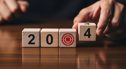 Hand placing wooden block with number 4 to complete the year 2004 with target symbol.