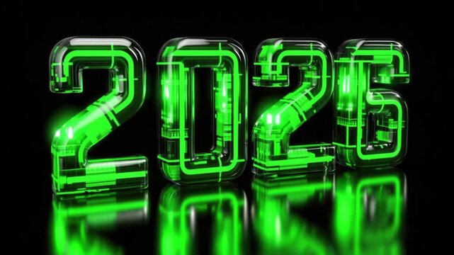Bright green 2026 numbers shine in celebration of the New Year. Festive decorations fill the space as Christmas spirit fills the air with joy and excitement for the upcoming year