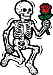 A charming vector illustration of a dancing cartoon skeleton character happily presenting a single beautiful red romantic rose