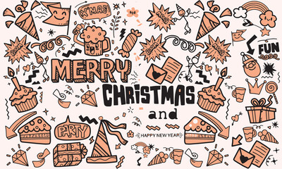 Hand drawn chalk vintage new year set. Whimsical Christmas dinner table decor candles, charcuterie, wine or champagne. Retro vintage ink holiday menu elements. La dolce vita vector illustration
