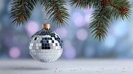 Shiny disco ball ornament hanging from evergreen branches, reflecting soft bokeh lights in the background, creating a festive and joyful holiday atmosphere with vibrant colors
