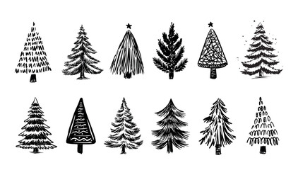 Christmas tree set on white, hand drawn illustration	
