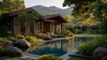 Serene Poolside Villa: A luxurious villa, designed with rustic stone and timber, offers a tranquil poolside setting. The scene is enveloped by lush greenery, capturing the essence of a serene retreat.