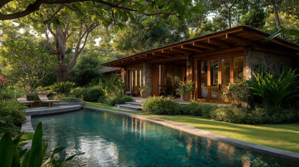 Obraz premium Luxury Home with a Pool: The home's modern architecture features wood elements, inviting anyone to swim in the pool, surrounded by vibrant greenery and offering a serene outdoor retreat. 