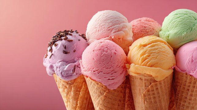 Colorful ice cream cones lined up against a pastel background present a refreshing and delicious treat for a warm summer day
