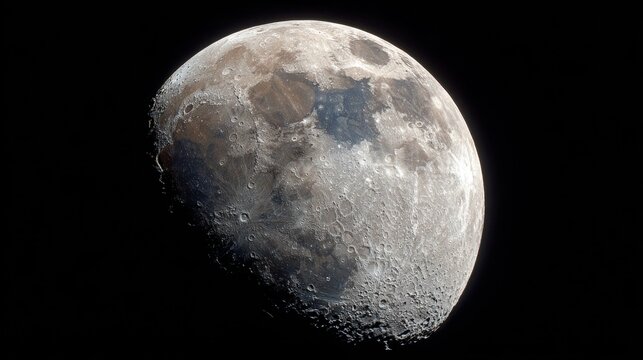 Detailed close up reveals the beauty of the Moon's surface, showcasing its craters and texture against a backdrop of distant stars in the vast night sky