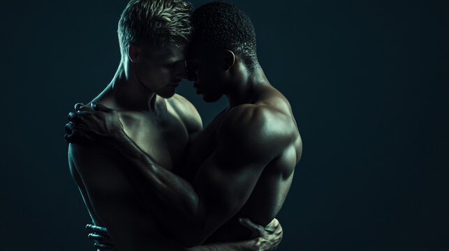 Emotional embrace of shirtless men in studio