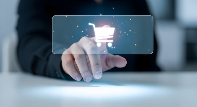 Hand Touching Futuristic Holographic Shopping Cart Icon for Online E-commerce. - Powered by Adobe