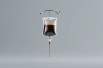 Coffee drip bag shaped like IV on gray background