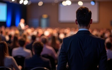 Large group of people attending a business conference, focusing on a speaker presenting on stage. Professional event with business attire and engaged audience. High quality