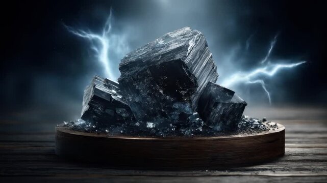 A mystical scene featuring dark cubes atop a wood base, electric blue energy emanates from behind