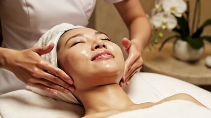 Asian woman enjoying a rejuvenating facial massage, serene spa environment with orchids, soothing skincare ritual enhancing relaxation and wellness