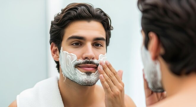 Man applying shaving cream to his face in the mirror for a clean shave